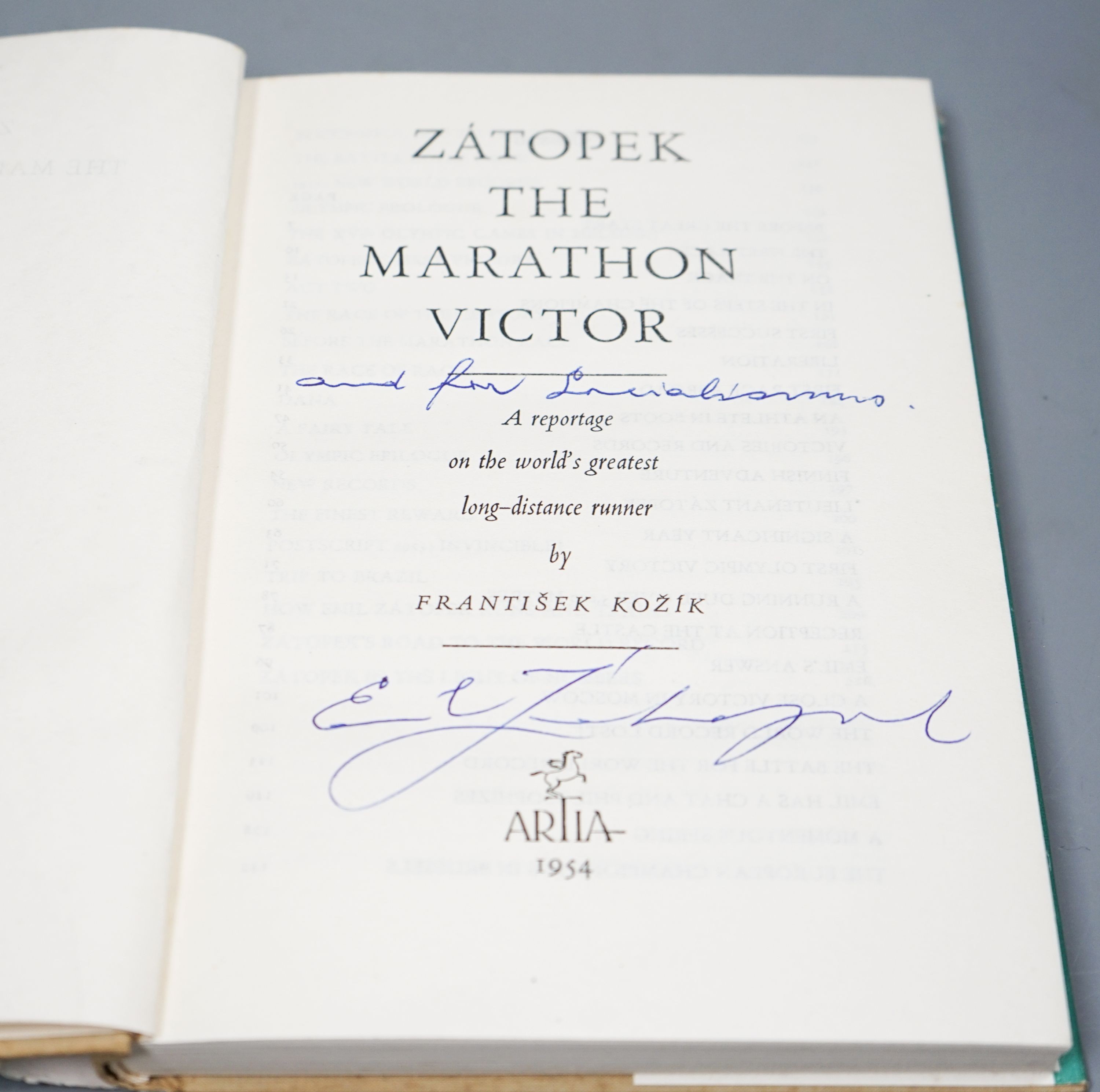 'Zatopek The Marathon Victor' by Frantisek Kozik 1954, signed by Zatopek